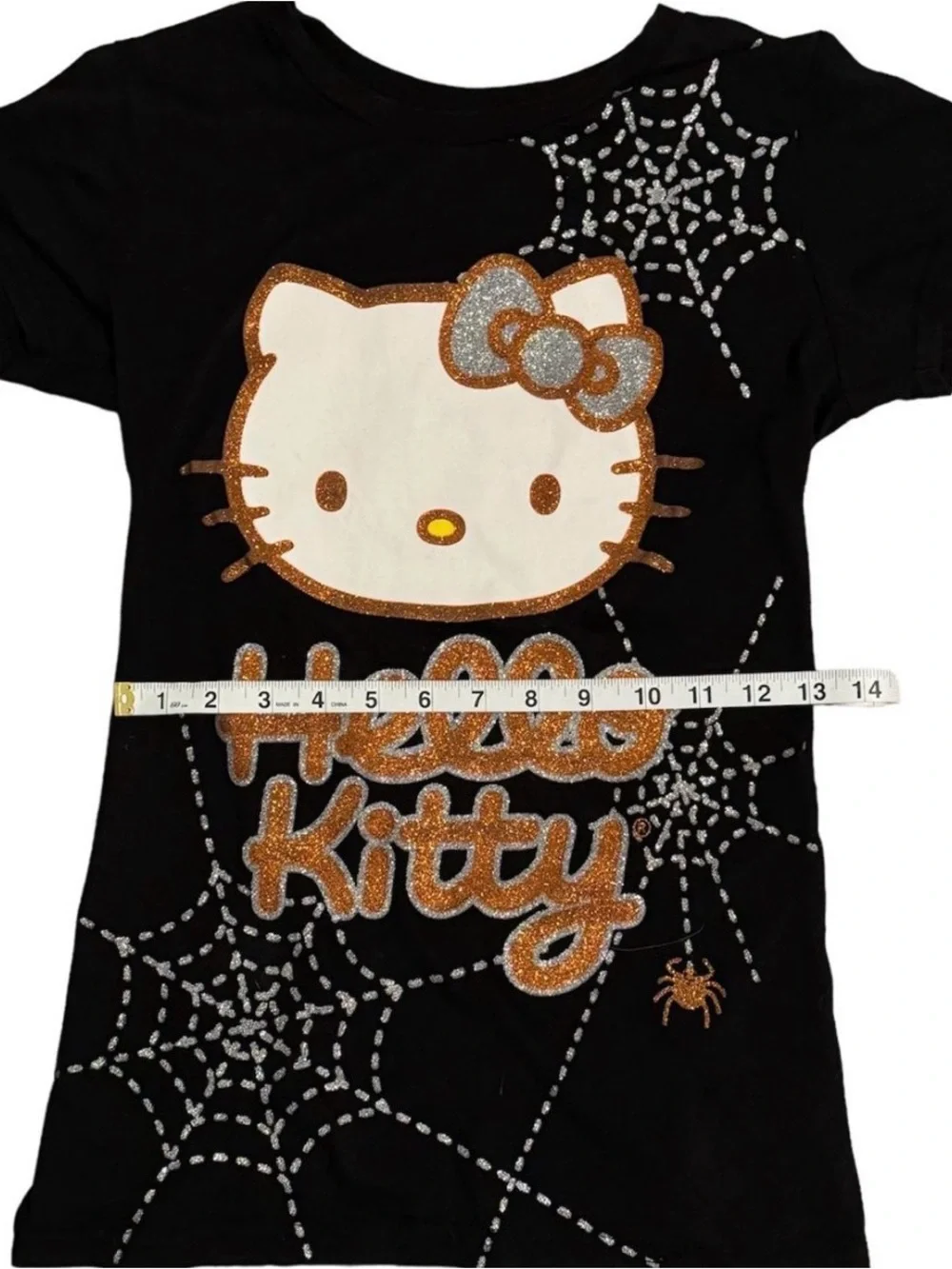 Hello Kitty Black Tee with Gold and Silver Glitter Spiderwebs